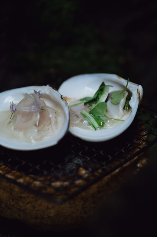 ハマグリの二種仕立て。豆腐との組合せと、山菜との組合せで（コノートン氏）