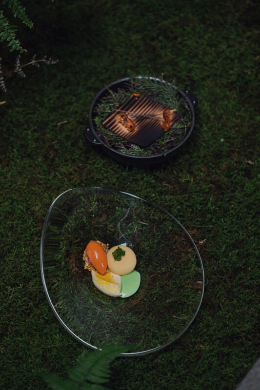 ニンジンとほうじ茶のアイスクリーム、セルフイユのクリーム。ニンジンの杉板焼きを添える（コノートン氏）